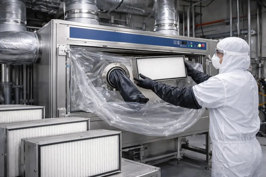 Sistema Bag In Bag Out (BIBO) em ambiente industrial, com operador realizando troca segura de filtro HEPA em caixa metálica vedada com luvas externas de contenção.