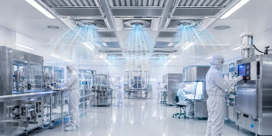 Sala limpa industrial farmacêutica com sistema HVAC no teto, filtragem HEPA e profissionais utilizando roupas de proteção em ambiente controlado.