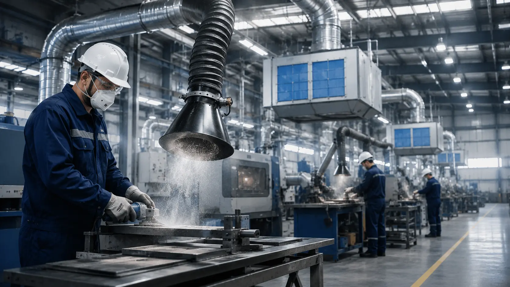 Ambiente industrial com sistema de exaustão e filtragem de ar capturando partículas geradas durante processo de lixamento, protegendo trabalhadores e equipamentos.